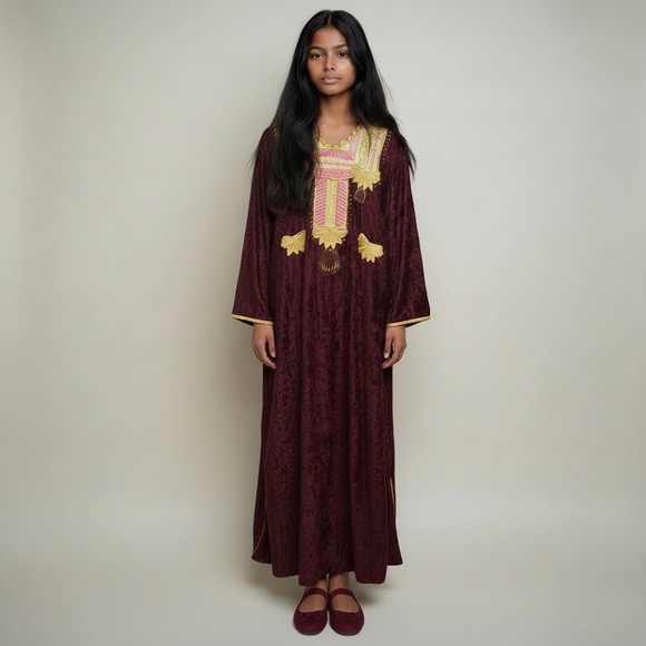 Vintage Moroccan Kaftan traditionalrobe tunic embroidery maroon pink yellow gold - Picture 4 of 8